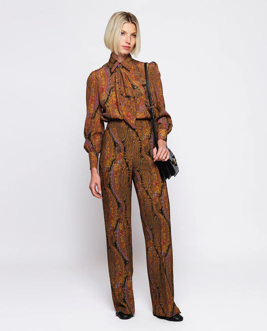 Green Paisley Print Straight Trousers by Mirto