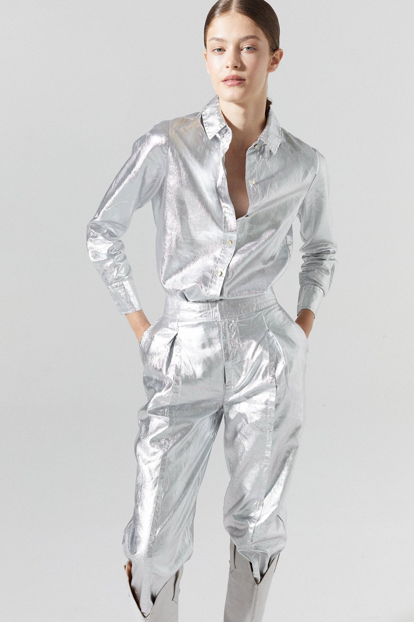 San Marino Metallic Linen Shirt in Silver by Lanhtropy