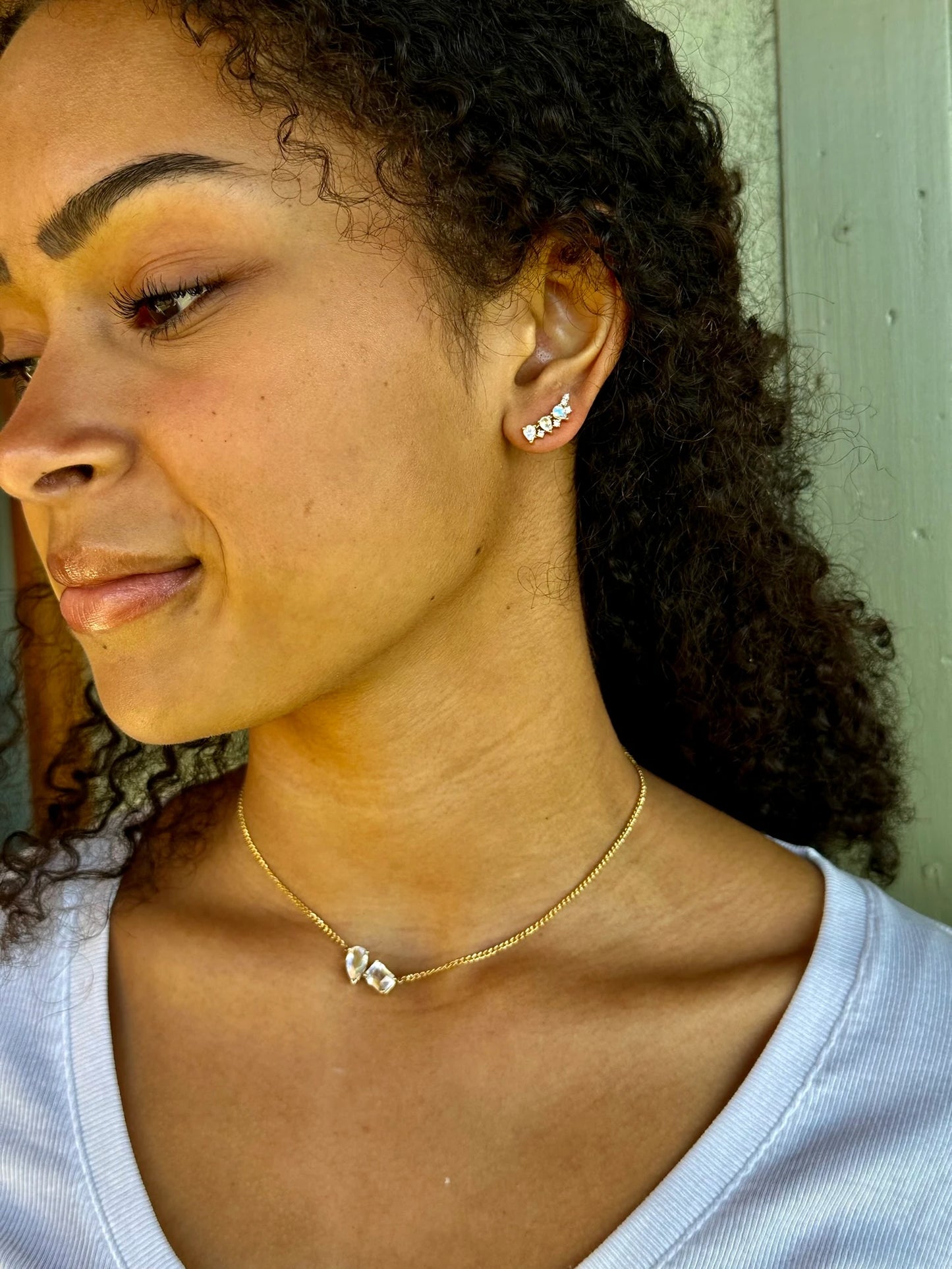 Moonstone and Diamond Climber Earrings