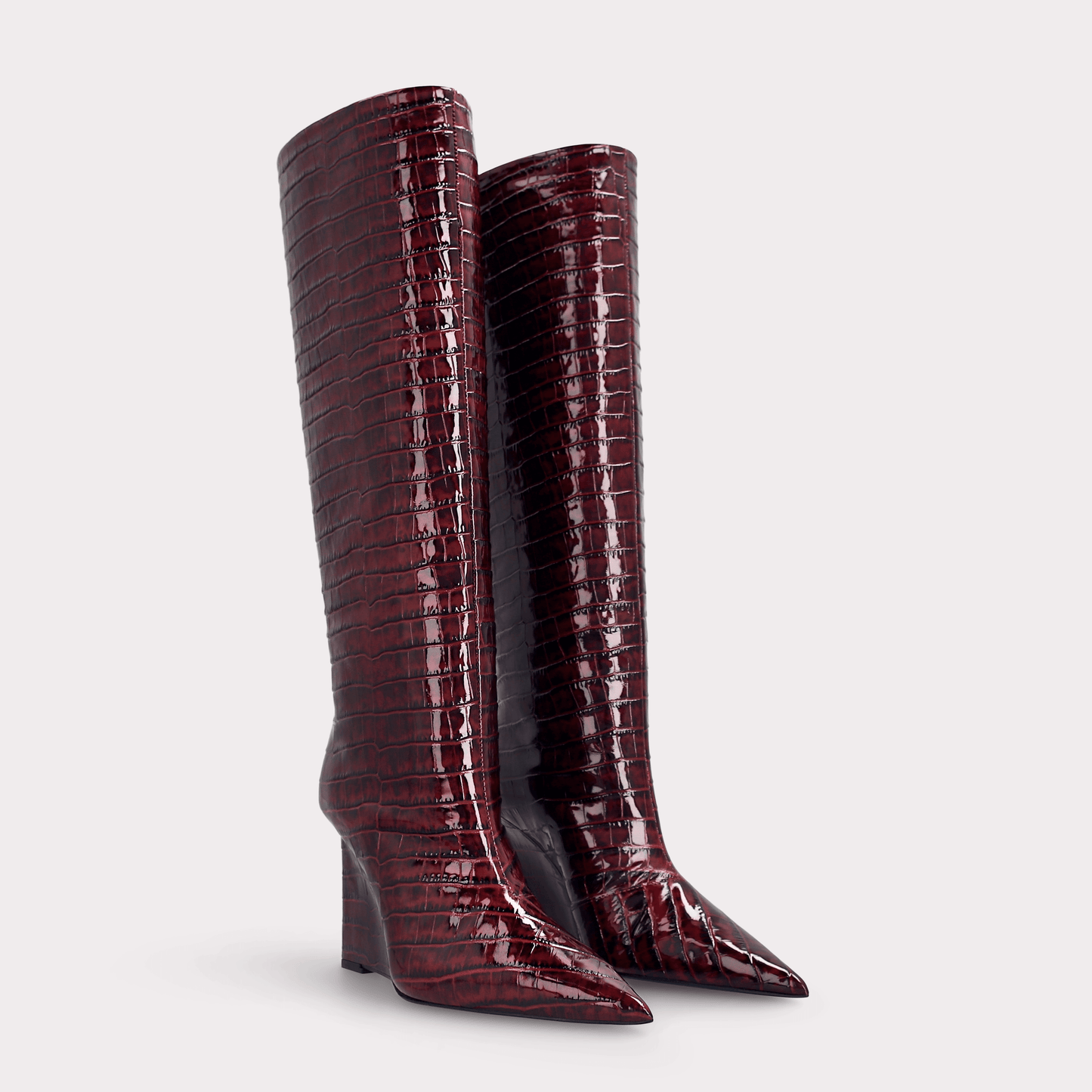 Zeudi Bordeaux Patent Croc Embossed Leather Edge Heel by Ingiliz