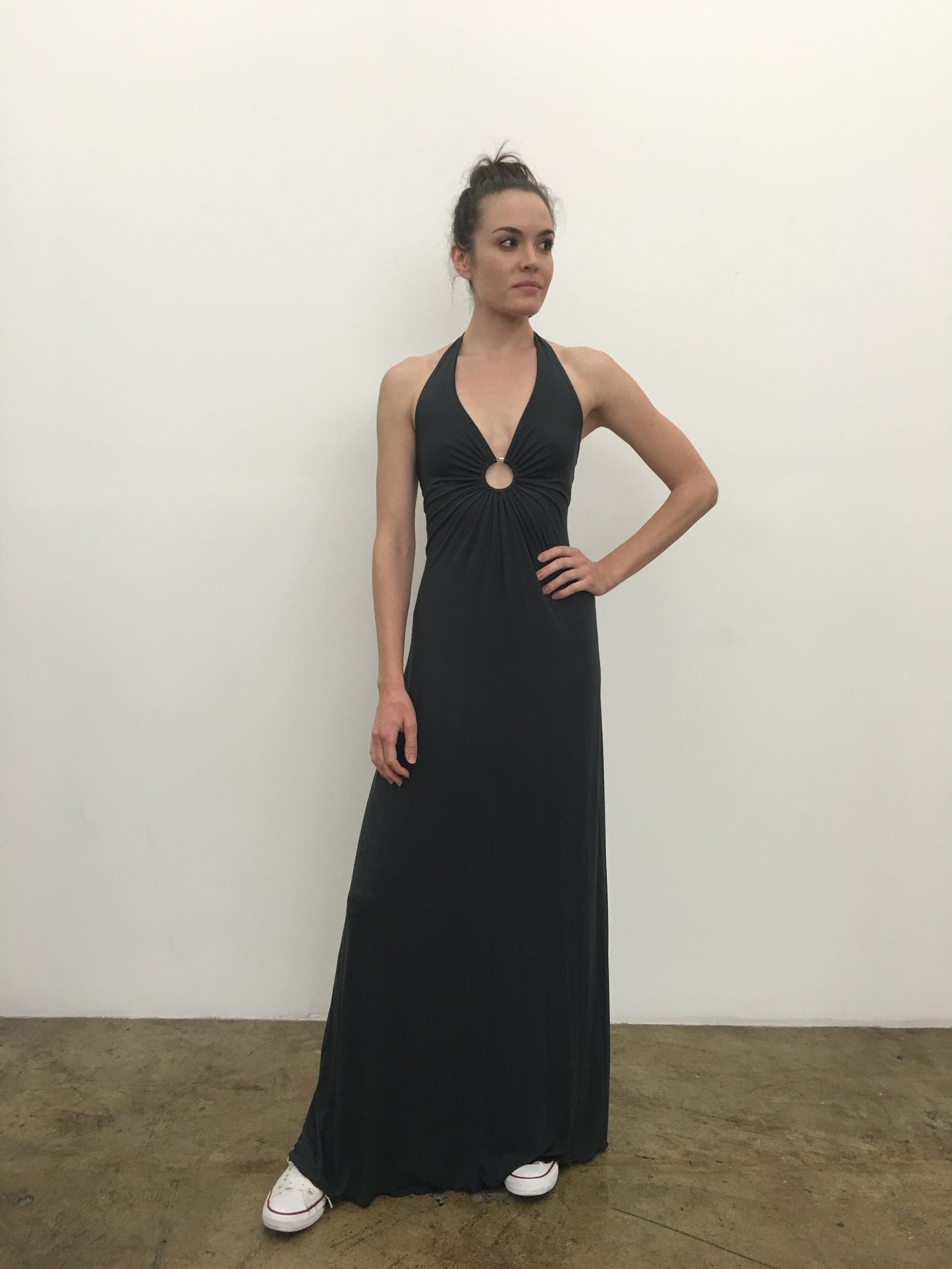 Long halter Keyhole Dress in Black by Michelle Jonas