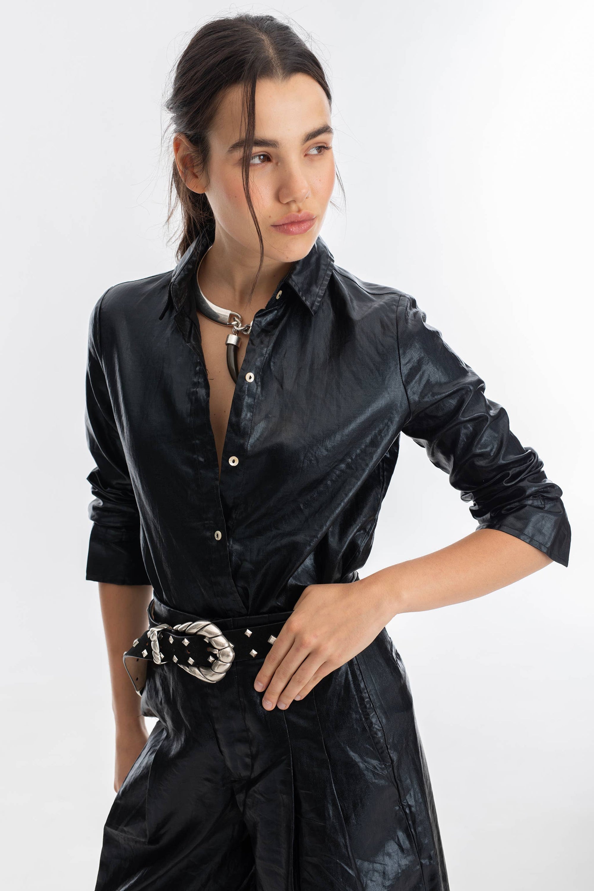 San Marino Metallic Linen Shirt in Black by Lanhtropy