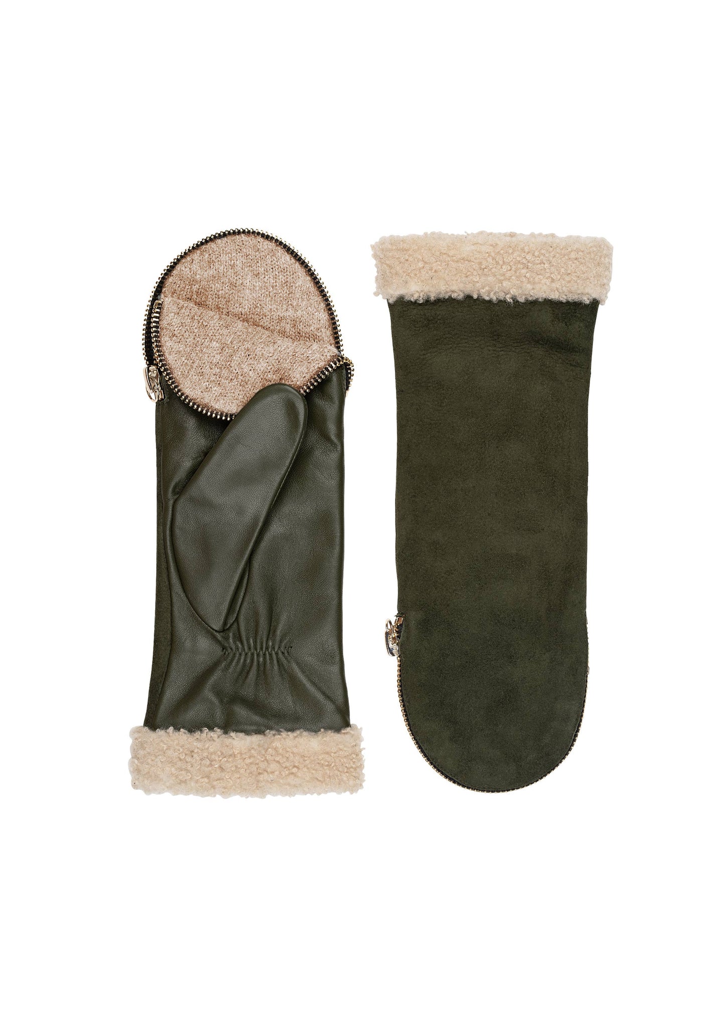 Shearling Cuff Suede Back Zipper Gloves in Olive by Amato New York