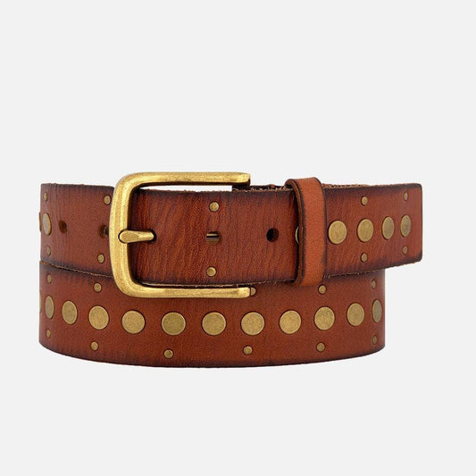 Faye | Gold Buckle Studded Leather Belt