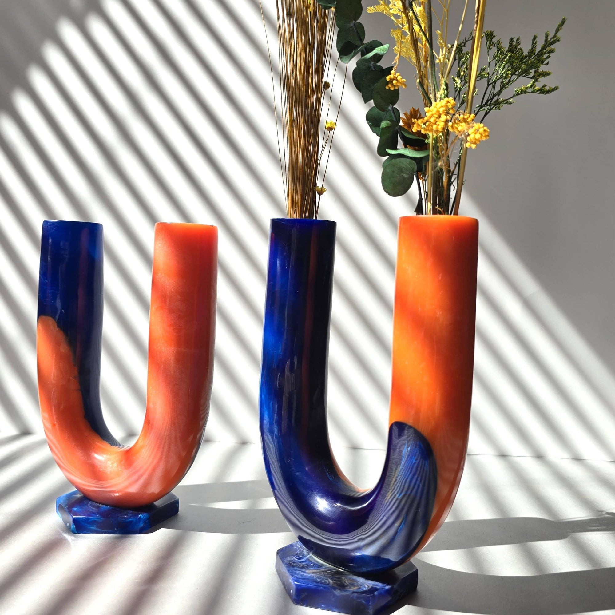 Hand poured Resin Flower Vase - Orange &amp; Blue