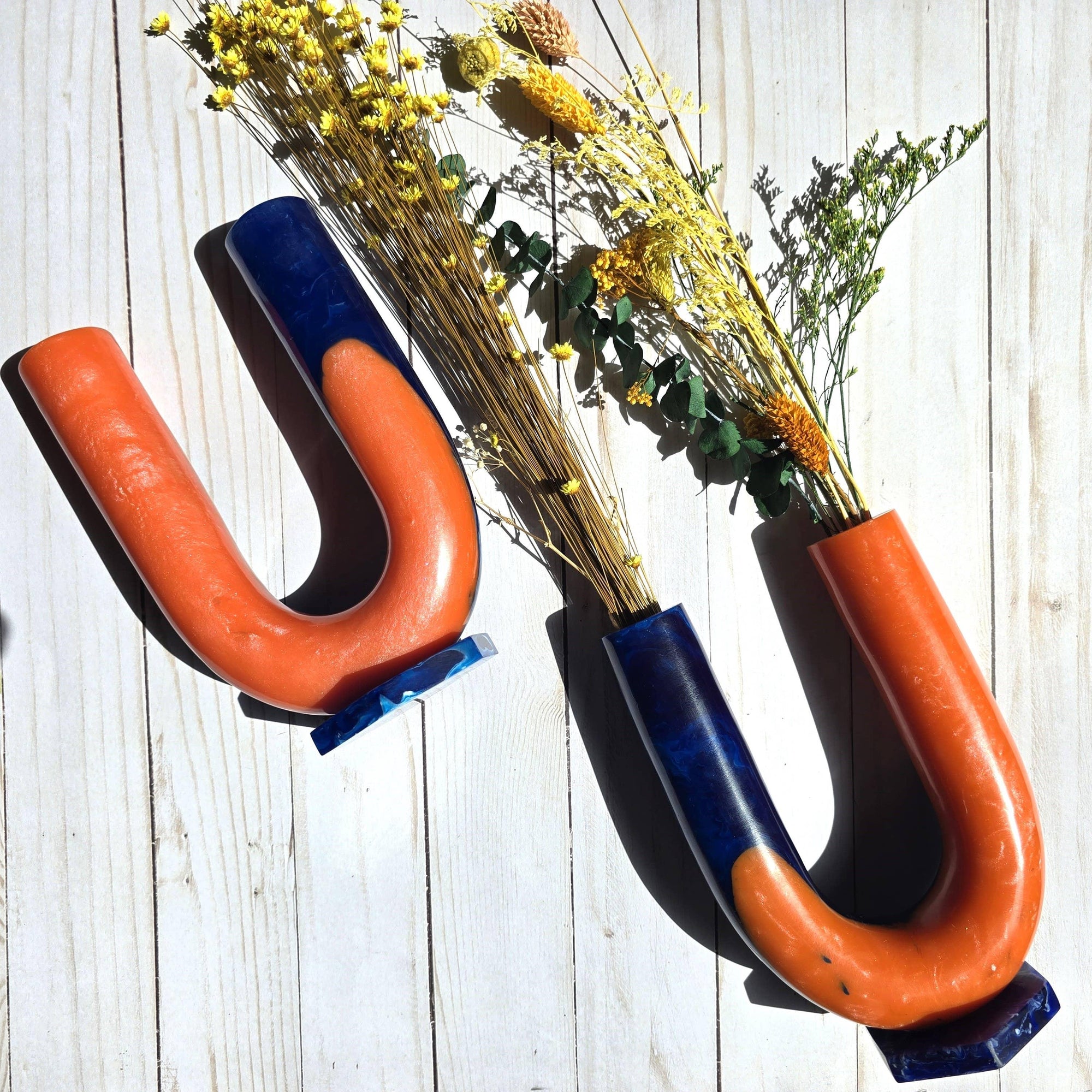 Hand poured Resin Flower Vase - Orange &amp; Blue