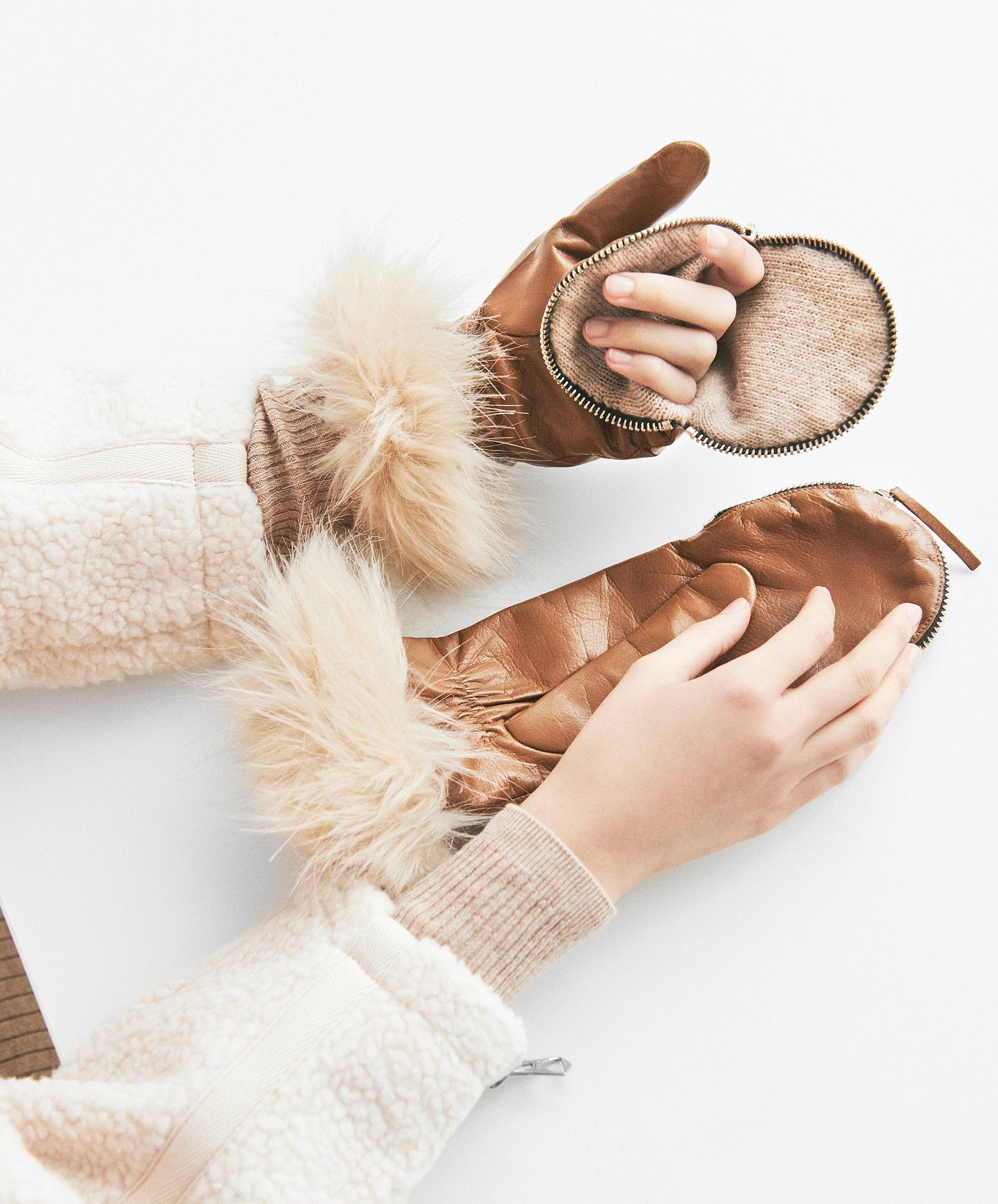 Zipper Mitten with Faux Mouton Cuff Gloves by Amato New York