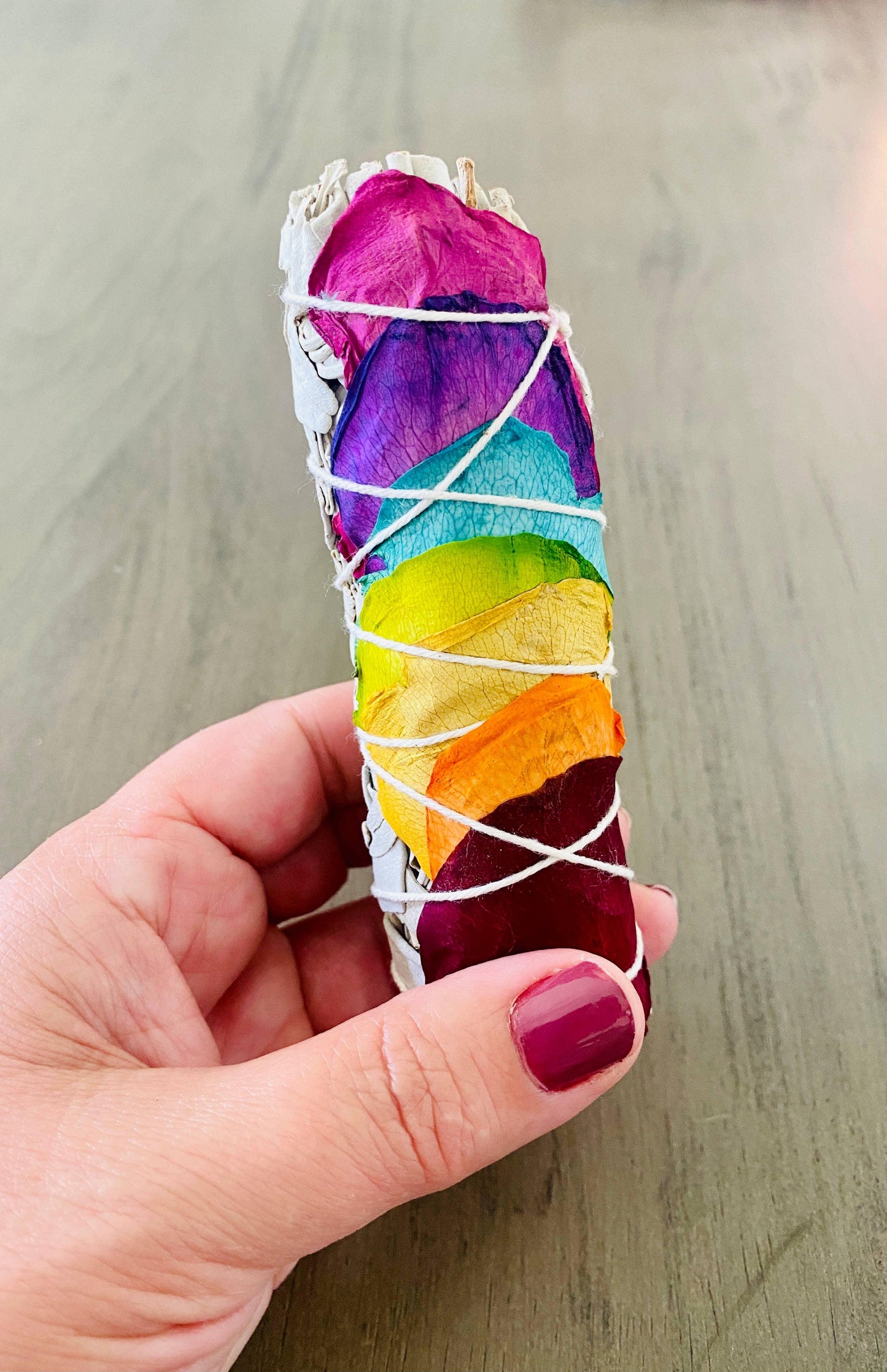 White Sage with Rainbow Chakra Roses Smudge Stick