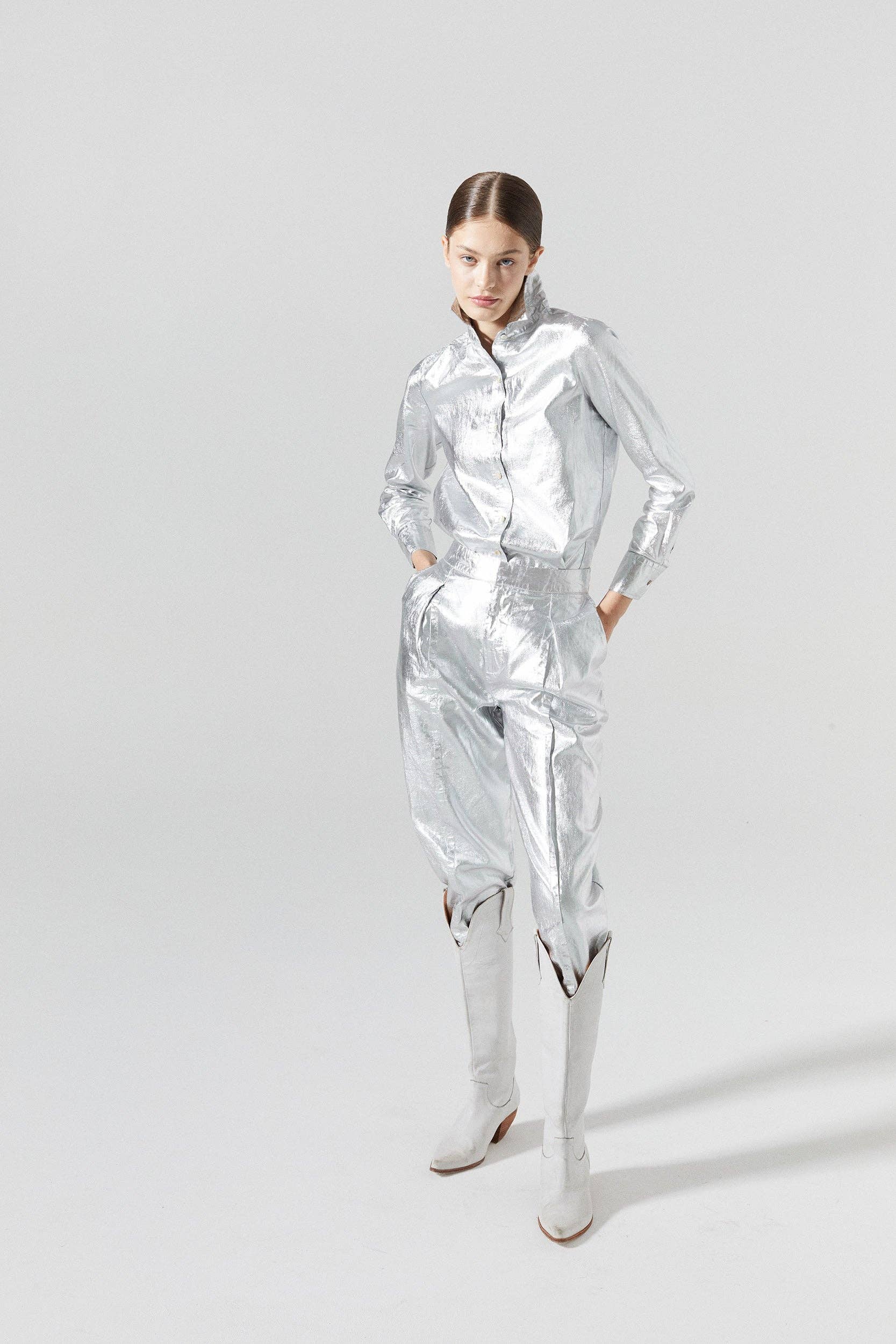 San Marino Metallic Linen Shirt in Silver by Lanhtropy