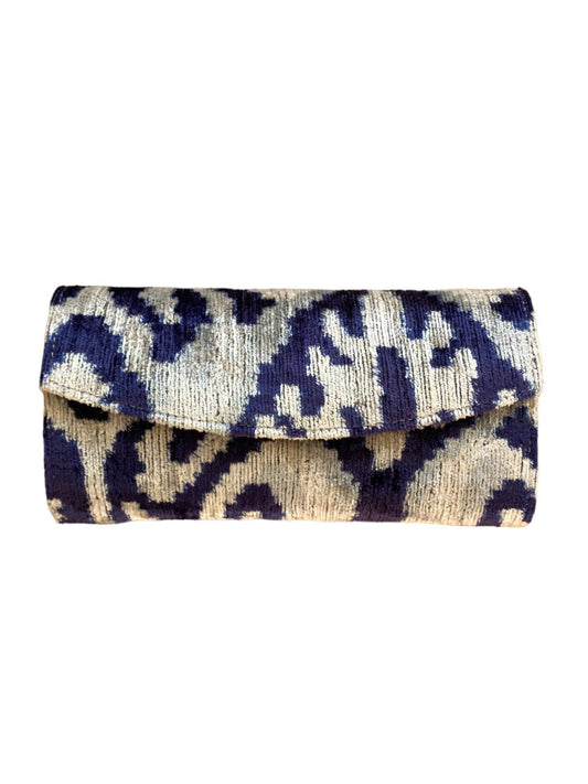 Ikat Structured Clutch in Navy + White Print