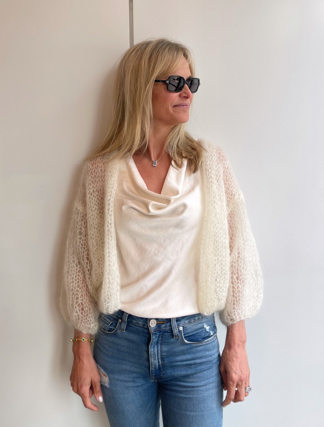 Mohair Light Bomber Cardigan in Creme by Maiami