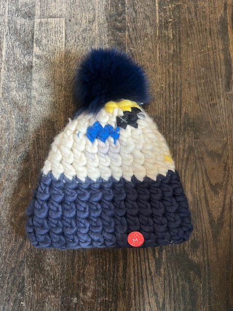 Deep Pomster Beanie in White/Navy/Yellow by Mischa Lampert