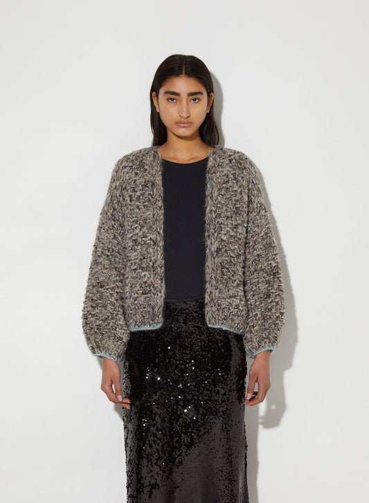 Fleecy Alpaca Pearl Pattern Bomber Cardigan in Dark Melange by Maiami