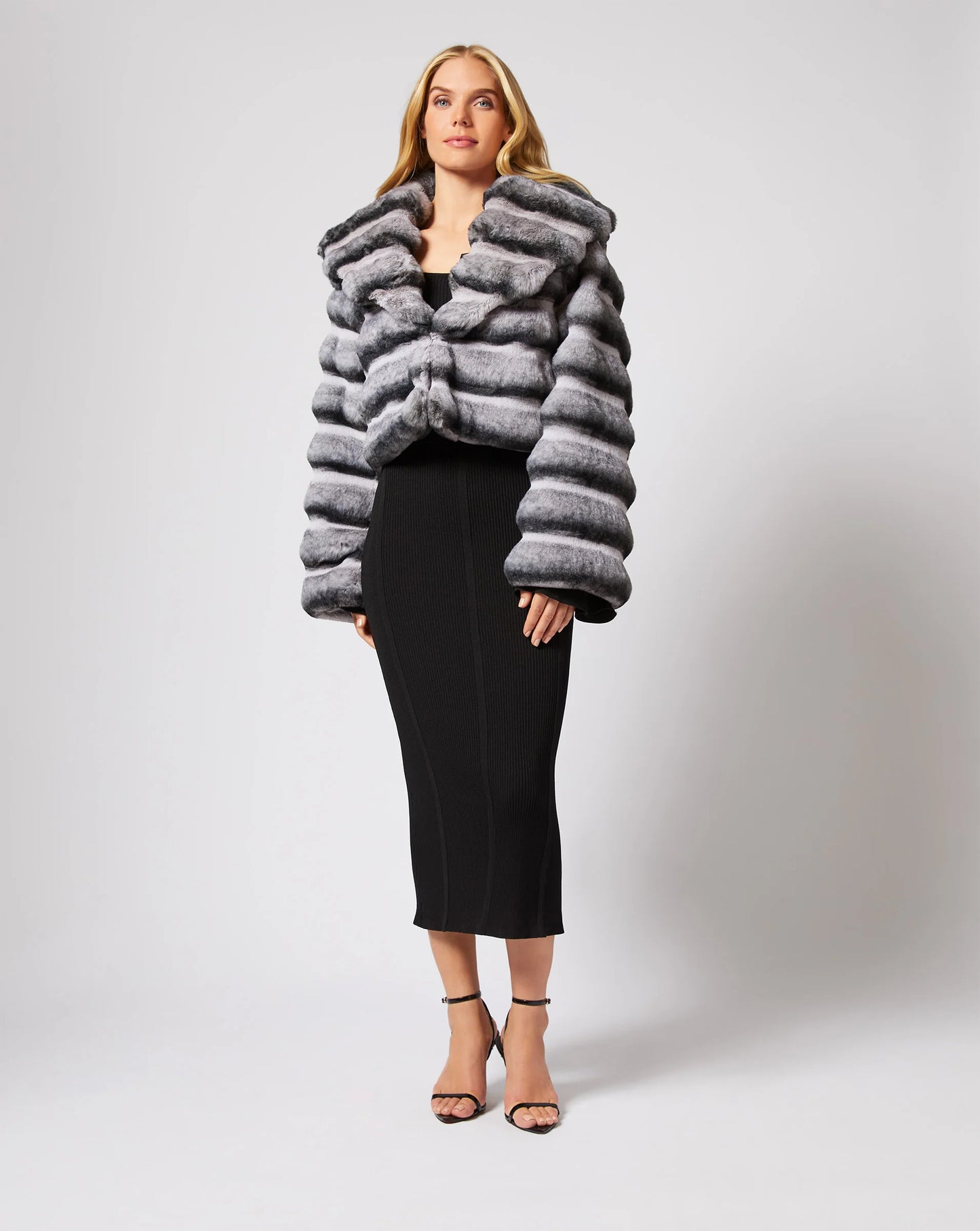 Shawl Collar Chinchilla Faux Fur Jacket by Adrienne Landau