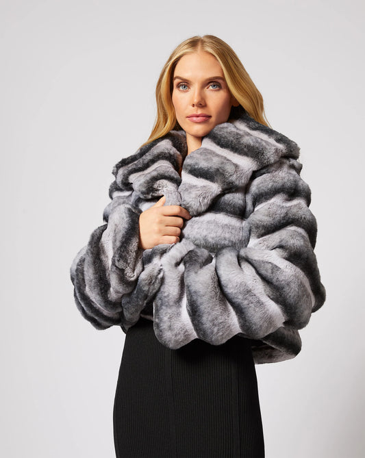 Shawl Collar Chinchilla Faux Fur Jacket by Adrienne Landau