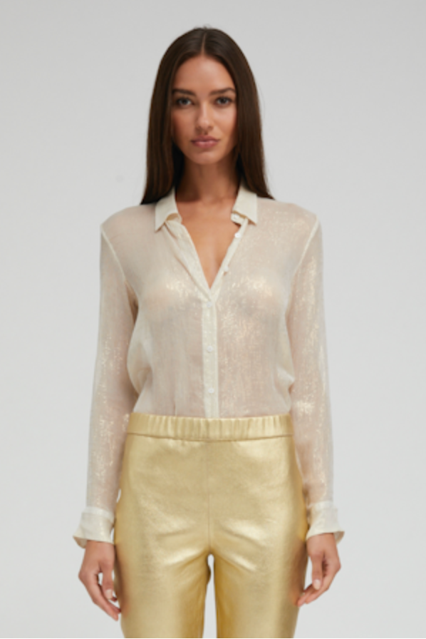 Silk Chiffon Button Up in Off White/Gold by SPRWMN