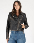 Sharon Cropped Moto Leather Jacket in Black/Brown by Mauritius