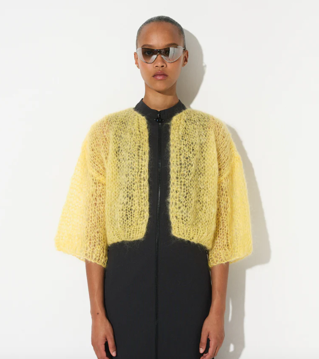 Mohair Light Short Sleeve Cardigan in Yellow by Maiami