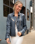 Sofia Leather Jacket in Denim Blue