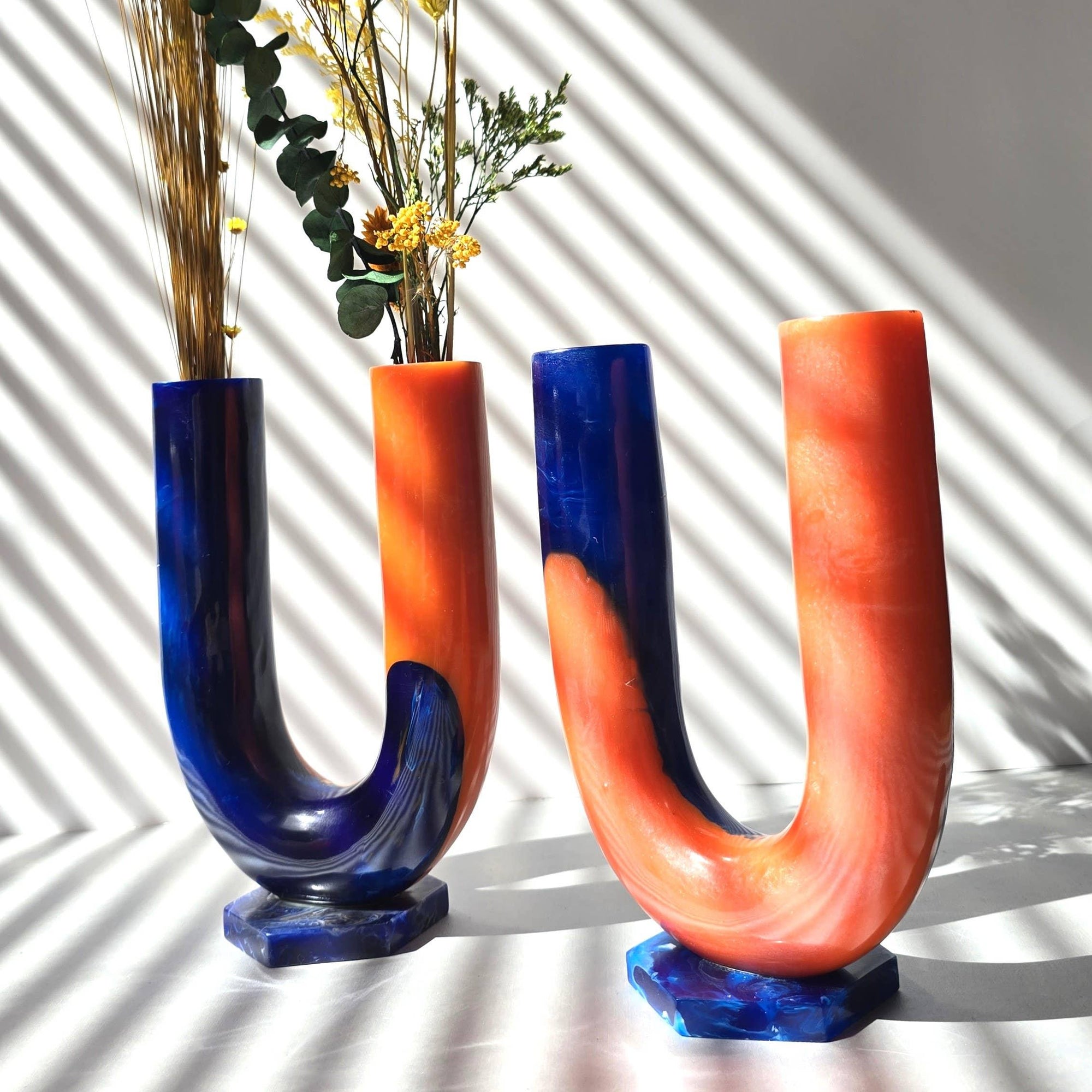 Hand poured Resin Flower Vase - Orange &amp; Blue