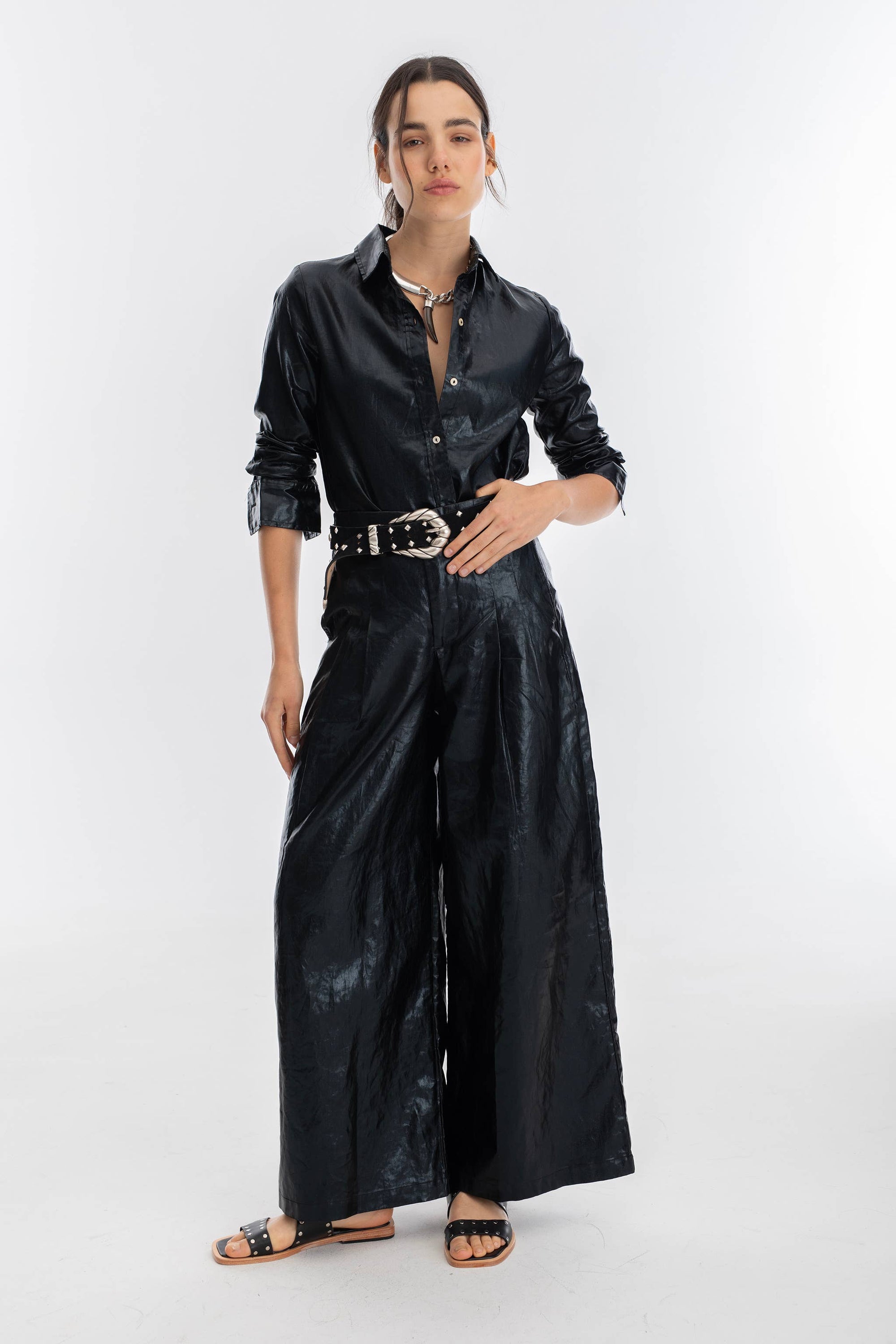 San Marino Metallic Linen Shirt in Black by Lanhtropy