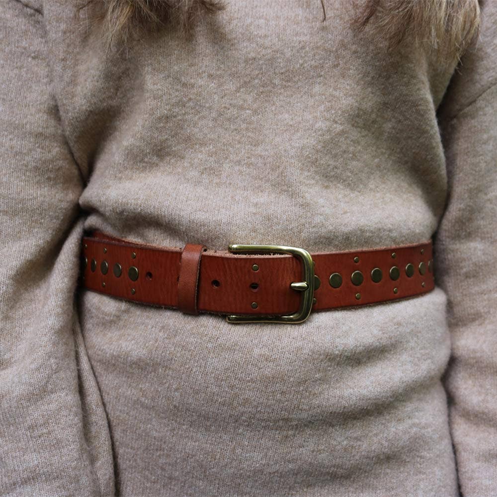 Faye | Gold Buckle Studded Leather Belt