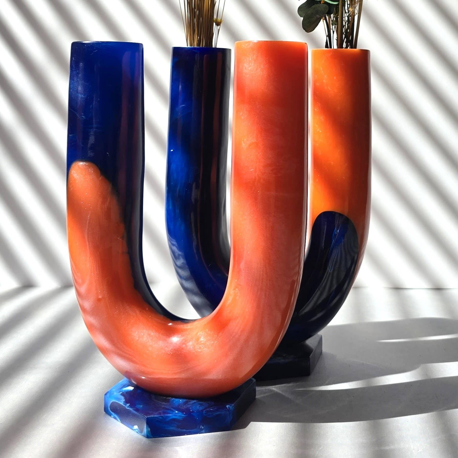 Hand poured Resin Flower Vase - Orange &amp; Blue